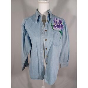 Sun Belt Denim Shirt Womens Small Blue Hand Painted Iris Floral Button Up